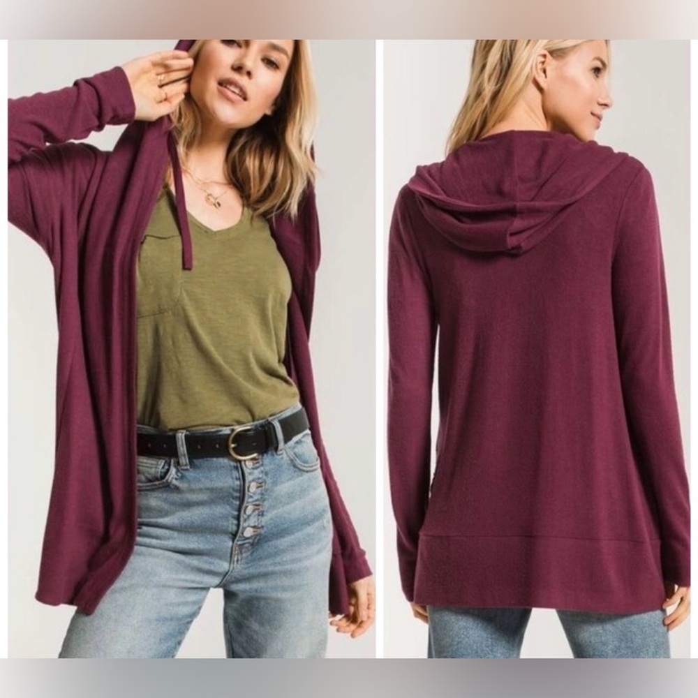 Z Supply wine open front cardigan hood sweater